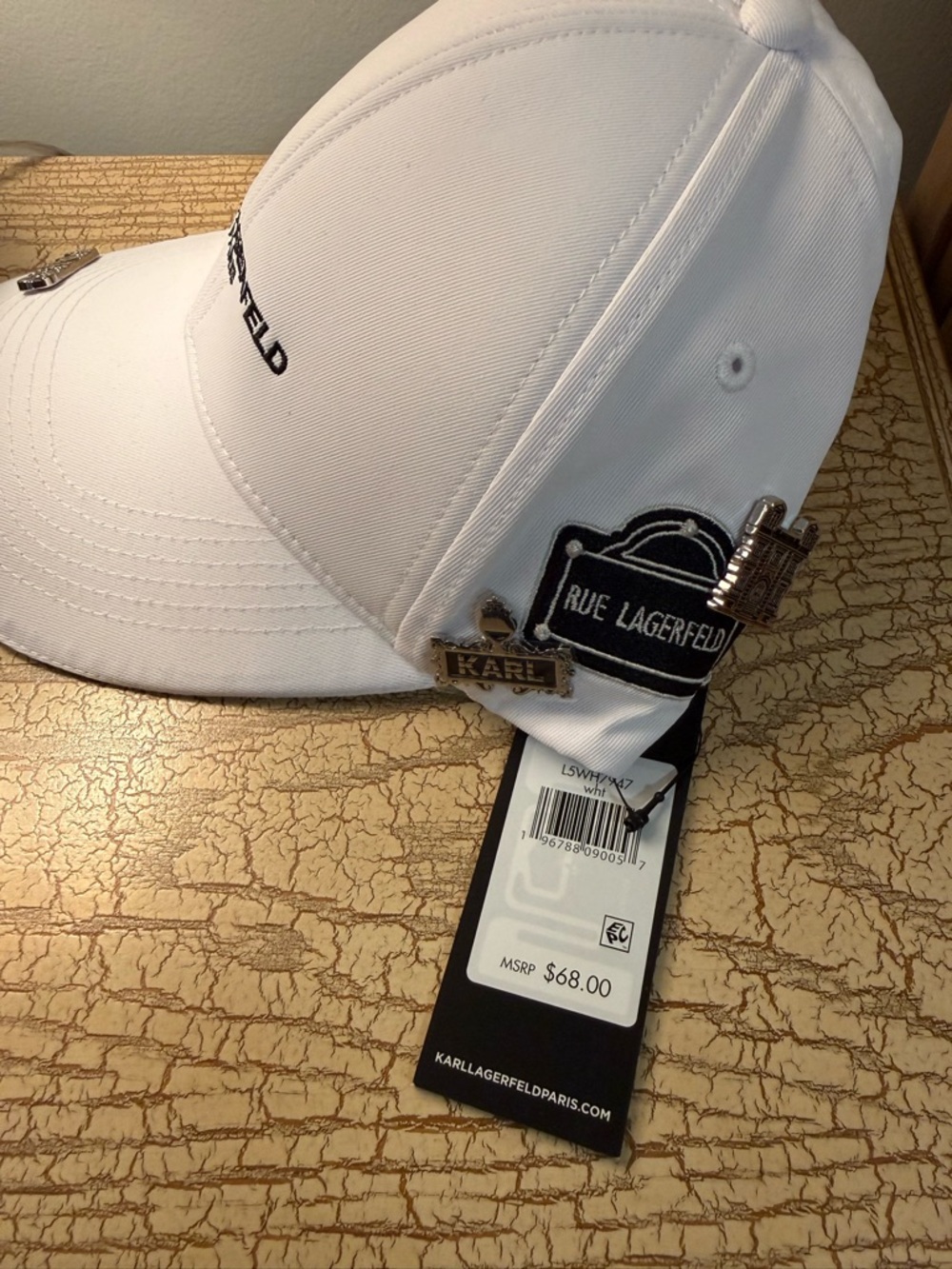 Karl Lagerfeld White Baseball Cap with Black Logo and Metal Pins - Picture 2 of 4